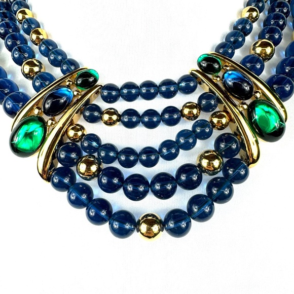 Vintage signed Napier multi-strand statement necklace blue, gold & green beads - Picture 4 of 11